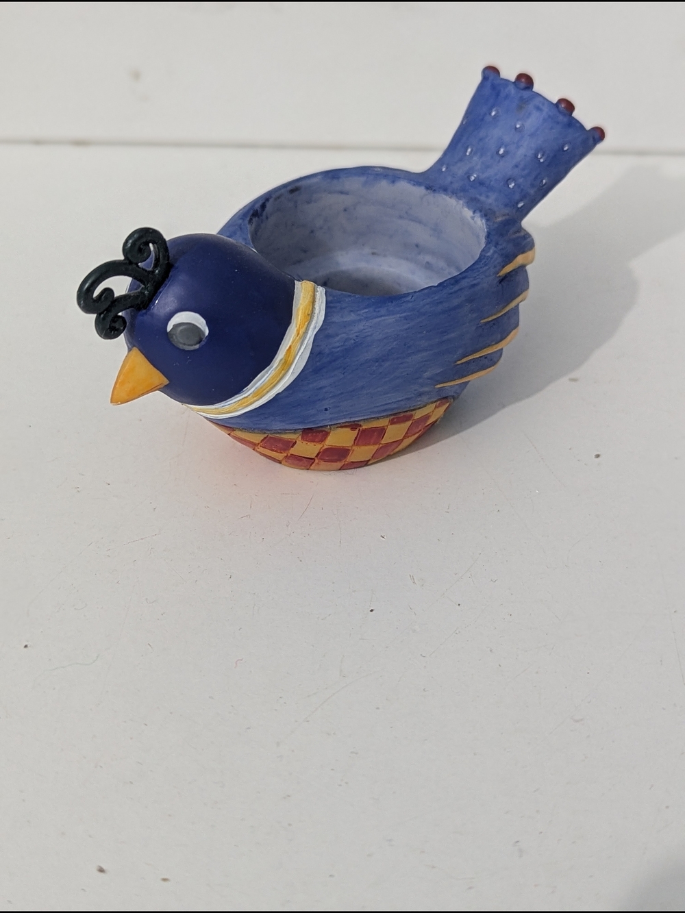 Whimsical Handpainted Decorative Blue Bird Tealight Holder Checkerboard Detail - Picture 3 of 11